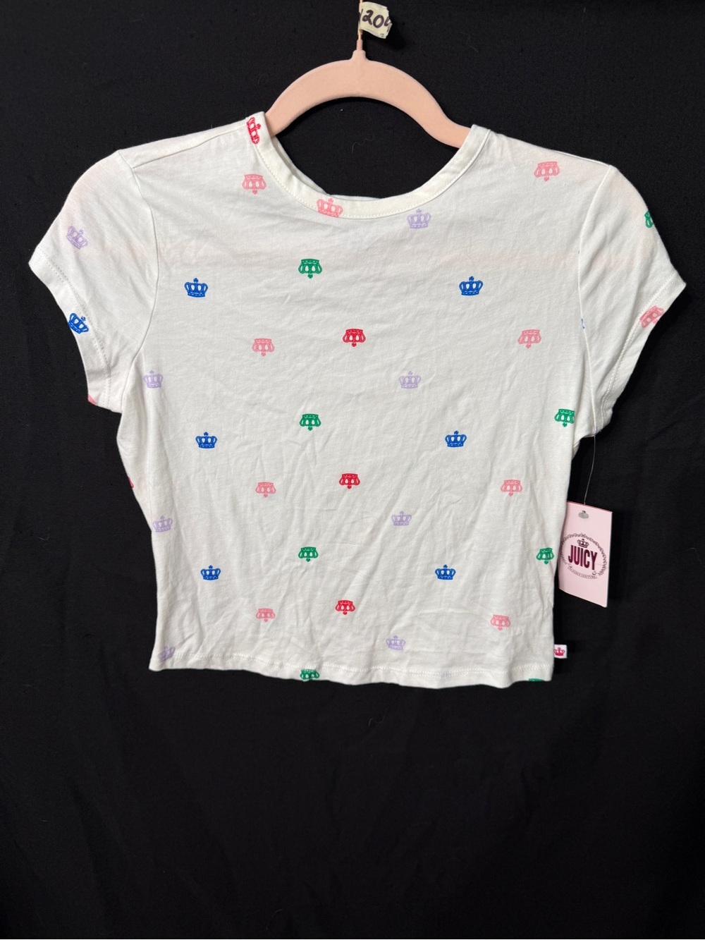 Women’s Juicy Couture Crown Print Baby Tee White XS New With Tags Y2K